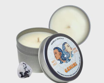 Gemini Zodiac Candle with Crystal & Fresh Scent | Air Sign Birthday Gift | Astrology Candle | Arabella Crystals | 4oz Tin