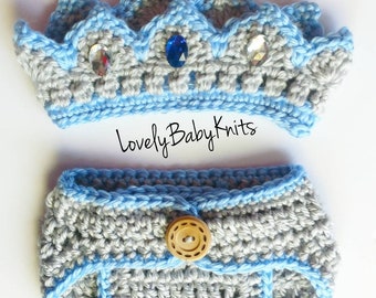 King Crown Hat , Diaper cover Crochet Crown, Baby Crown, Newborn Boy -Baby King Outfit , Newborn Photo Prop, Prince,Blue/ silver crown