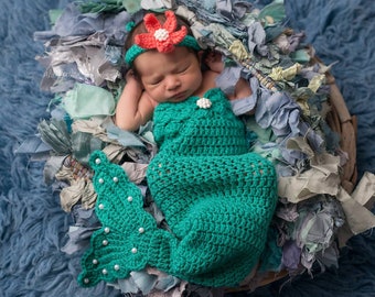 Baby girl, Mermaid Princess - Crochet Newborn Mermaid Tail & STARFISH Headband -crochet baby shower gift, Photography , Newborn Photo Prop