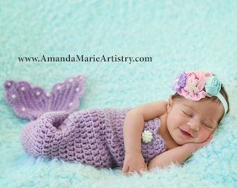 Crocheted Mermaid Tail & Flowers, Pearl Starfish HEADBAND Newborn Mermaid Outfit Baby Mermaid Photo Prop - Mermaid Princess -girl  Bodysuits