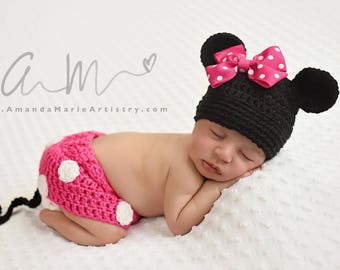 Infant Newborn Baby Crochet Minnie Mouse Hat/Diaper Cover/Shoes Photo Prop Costume, Baby Girl  , --Choose your color