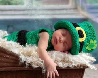 Boy - Girl  Leprechaun outfit , St. Patrick's Day Irish Hat, St. Patty's Day/ Newborn  Baby Hat / Diaper Cover /boots/vest knit