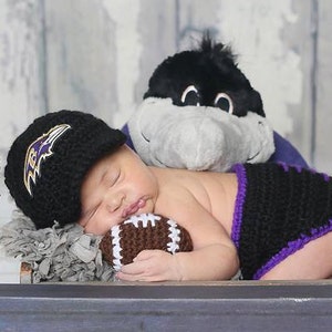 Baltimore ravens cap,,Diaper Cover, ball --Baby Football hat - crochet baby shower gift--Coming Home Outfit, Crochet Hat,,Newborn Photo Prop image 1