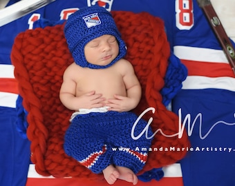 New York Rangers Helmet , Ice Skates and pants,,, NHL Rangers, Hockey Skates,crochet baby shower gift,, Baby newborn photography prop