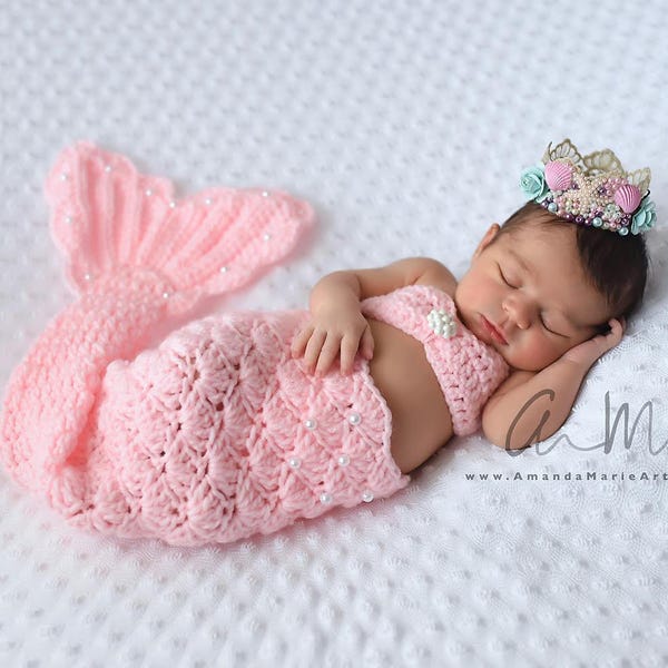 Princess Mermaid Outfit - Mermaid Tail, top and  and tiny fancy mermaid crown ,crochet baby shower gift, Newborn Photo Prop