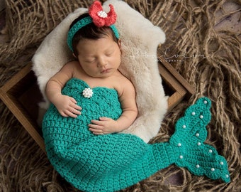Meerjungfrau Baby Fotokleidung 3er Set – Häkelkostüm Mit Schwanz & Stirnband Für 0-6 Monate
