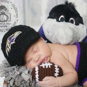 Baltimore ravens cap,,Diaper Cover, ball --Baby Football hat - crochet baby shower gift--Coming Home Outfit, Crochet Hat,,Newborn Photo Prop image 2