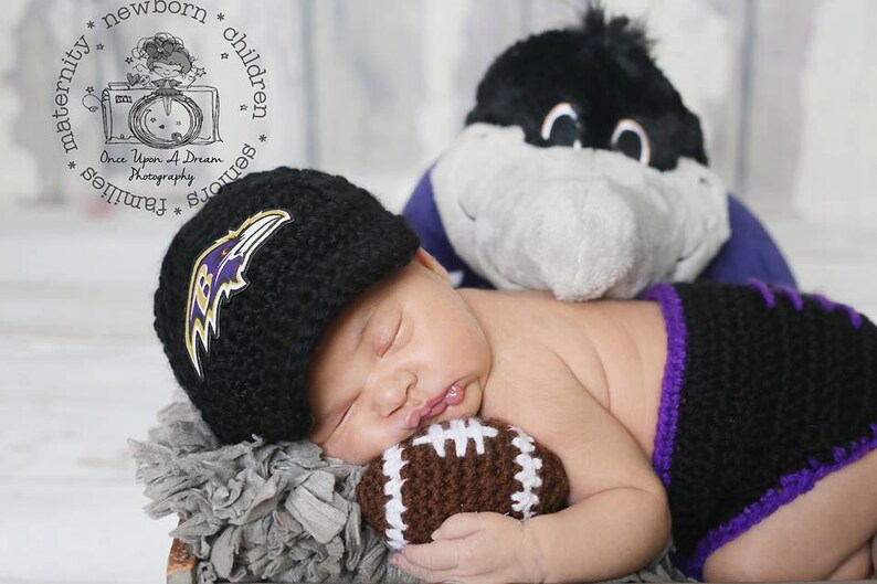 Baltimore ravens cap,,Diaper Cover, ball --Baby Football hat - crochet baby shower gift--Coming Home Outfit, Crochet Hat,,Newborn Photo Prop image 2