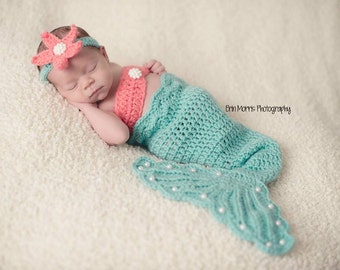 Bebé niña, sirena princesa - Crochet recién nacido sirena cola y STARFISH HEADBAND, regalo de ducha de bebé de ganchillo, fotografía, recién nacido Foto Prop