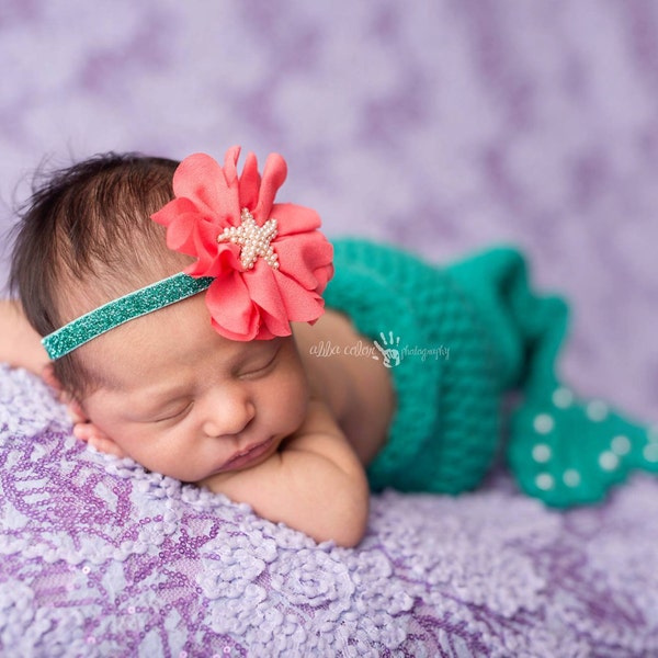 Mermaid Princess - Crochet Newborn Mermaid Tail &  flowers starfish HEADBAND  --Newborn Mermaid Outfit - - Mermaid Princess -girl Bodysuits