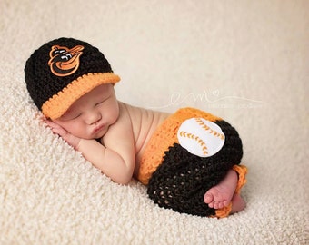 Baby Junge Mütze , Gehäkelte Baltimore Orioles Baseball Mütze und Hose,,, Baseball Outfit, ,,,,Newborn Fotografie Prop