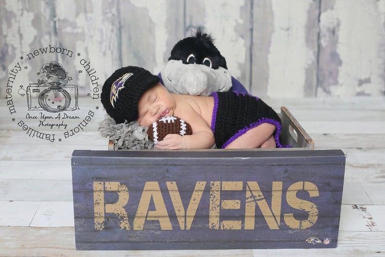 Baltimore ravens cap,,Diaper Cover, ball --Baby Football hat - crochet baby shower gift--Coming Home Outfit, Crochet Hat,,Newborn Photo Prop image 1