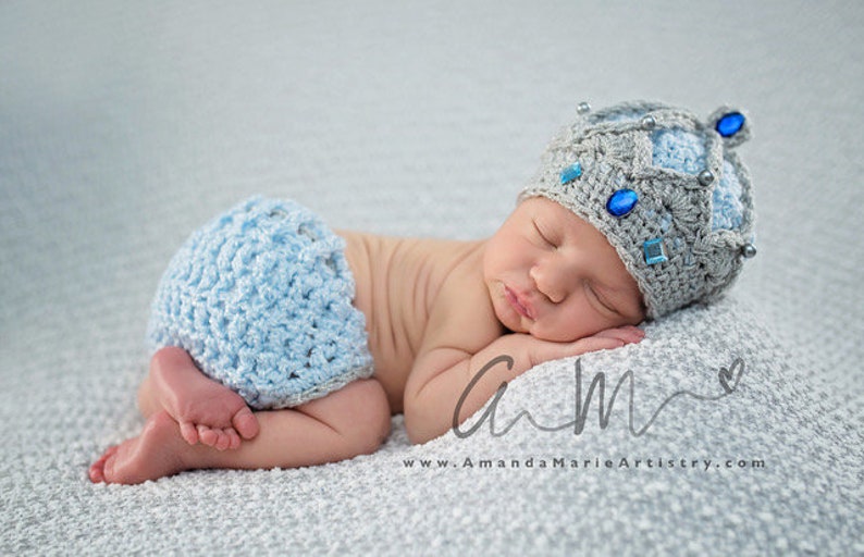 Newborn Photo Prop King Crown Hat Prince,Blue silver crown Diaper cover Crochet Crown Newborn Boy -Baby King Outfit Baby Crown