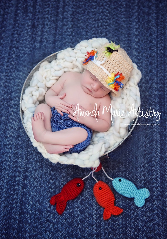 Baby Boy - girl Fishing Hat ,Fish & Diaper cover SET, Baby Fisherman Photo  Prop Outfit - Fisherman Costume Newborn Photo Prop
