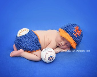 Baby Boy - girl baseball hat, Baby Baseball cap & Diaper Cover , Baby Baseball outfit,  crochet baby shower gift, New York Mets