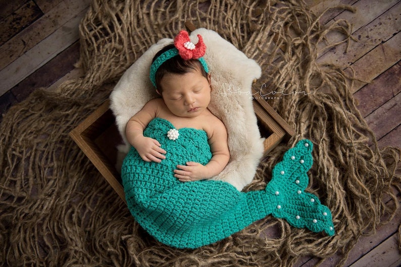 girl Bodysuits -Newborn Mermaid Outfit Mermaid Princess Crochet Newborn Mermaid Tail /& flowers starfish HEADBAND Mermaid Princess