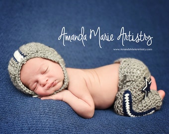Football Team ,Crochet Dallas Cowboy  Helmet & pants  set- Baby Football outfit- crochet baby shower gift - newborn photography prop.