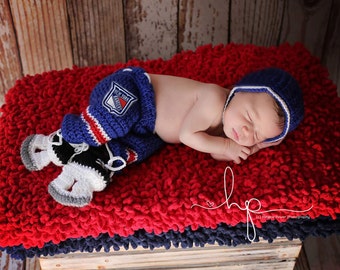 New York Rangers Helmet , Ice Skates and pants,,, NHL Rangers, Hockey Skates,crochet baby shower gift,, Baby newborn photography prop