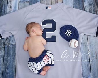 Newborn pinstripe baseball   pants ,  cap, crochet baby shower gift, Newborn Baby PHOTO PROP- Yankees baby  outfit- knit photo prop