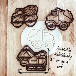 May include: Set of three black metal cookie cutters shaped like construction vehicles. The cutters are 3 inches and 4 inches in size. Available individually or as a set.