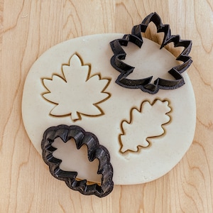 Peut inclure: Gros plan sur une surface blanche avec quatre emporte-pièces en forme de feuilles. Les emporte-pièces sont noirs et ont une finition brillante. Les emporte-pièces sont disposés en cercle sur la surface.