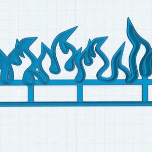 May include: A blue flame-shaped decorative element. The design features stylized flames atop a rectangular base with vertical supports. The flames have a smooth, glossy appearance, and the overall design is symmetrical.