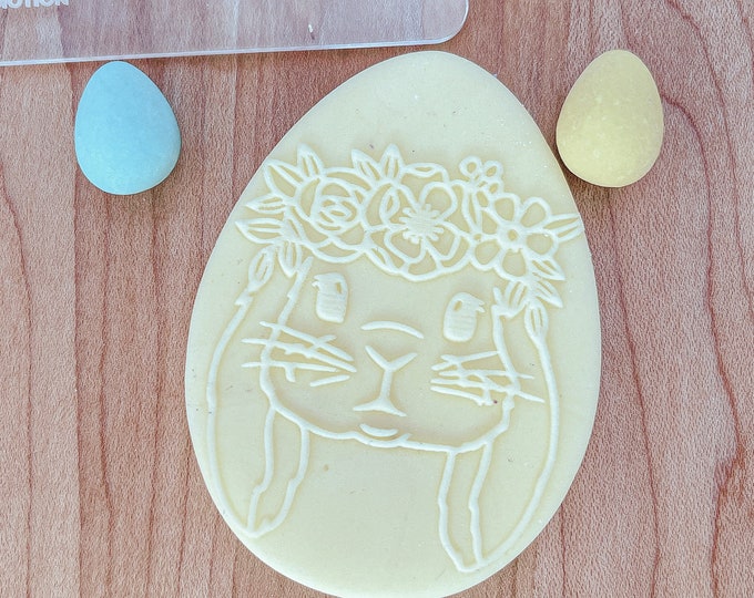 Easter Bunny with Flowers Cookie, Fondant, or Clay Stamp Embosser, Easter Cupcake Topper, Lop Eared Bunny Easter Stamp or Embosser/Debosser