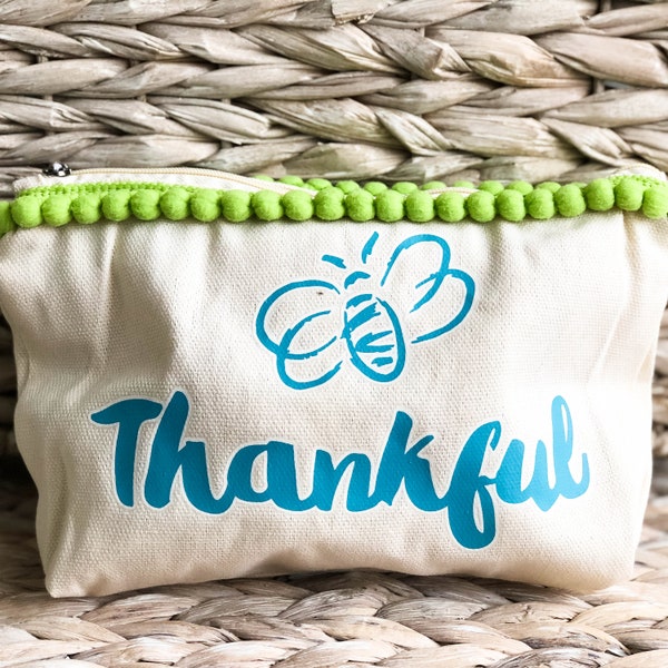 Abeille Thankful toile sac cosmétique avec garniture de Pom Pom vert anis || Collection Bermudes || Tout sac || Bumble Bee