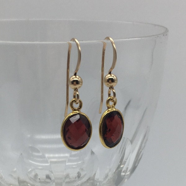 Diana Ingram earrings with garnet (dark red) oval crystal gemstone drops on Sterling Silver or 22 Carat gold vermeil shepherds hooks