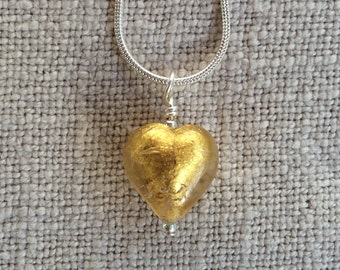 Diana Ingram necklace with light (pale) gold Murano glass small heart pendant on Sterling Silver snake chain