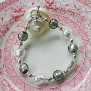 Diana Ingram bracelet with grey and clear crystal Murano glass mini lentil &#39;smartie&#39; beads on Sterling Silver beads and toggle clasp