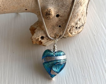 Diana Ingram necklace with turquoise (blue) and teal swirl over white gold Murano glass small heart pendant on Sterling Silver snake chain