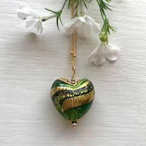 Diana Ingram necklace with light green and dark green swirl over gold Murano glass medium heart pendant on gold vermeil satellite chain