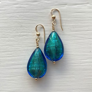 Diana Ingram earrings with sea green (jade, teal) Murano glass medium pear drops on Sterling Silver or 22 Carat gold vermeil hooks