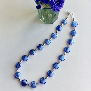Diana Ingram necklace with cornflower blue Murano glass small lentil beads on Sterling Silver beads and clasp