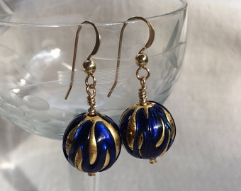 Diana Ingram earrings with dark blue appliqué over gold Murano glass small sphere drops on Sterling Silver or 22 Carat gold vermeil hooks