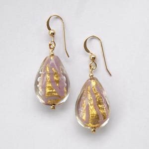 Diana Ingram earrings with purple pastel drizzle and gold Murano glass medium pear drops on Sterling Silver or 22 Carat gold vermeil hooks