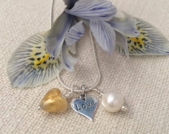 Diana Ingram Three Charm Necklace with Gold Murano Glass Mini Heart in Sterling Silver
