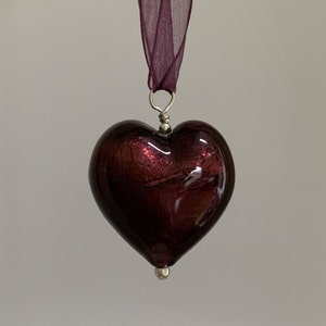 Diana Ingram necklace with dark amethyst (purple) Murano glass large heart pendant on organza ribbon