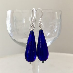 Diana Ingram earrings with dark blue Murano glass long pear drops on Sterling Silver or 22 Carat gold vermeil shepherds hooks