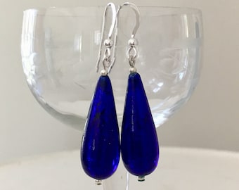 Diana Ingram Blue Murano Glass Long Pear Drop Earrings on Silver or Gold Hooks