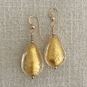 Diana Ingram earrings with light (pale) gold Murano glass medium pear drops on Sterling Silver or 22 Carat gold vermeil shepherds hooks