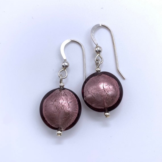 blue, purple Murano glass mini heart Diana Ingram lilac 10mm drop earrings on silver or gold ear wires.