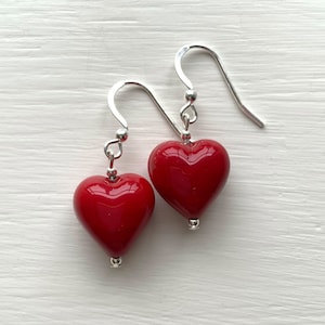 Diana Ingram earrings with red pastel Murano glass small heart drops on Sterling Silver or 22 Carat gold vermeil hooks