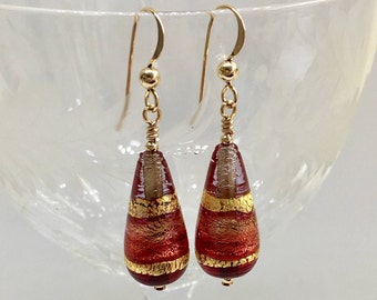 Diana Ingram Cranberry Murano Glass Short Pear Drop Earrings on Silver or Gold Hooks