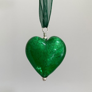Diana Ingram necklace with dark green (emerald) Murano glass large heart pendant on organza ribbon