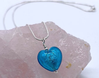 Diana Ingram Necklace with Turquoise Murano Glass Small Heart Pendant on Sterling Silver Chain