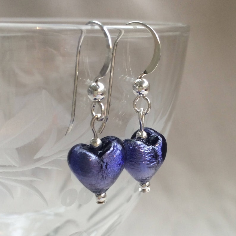 blue, purple Murano glass mini heart Diana Ingram lilac 10mm drop earrings on silver or gold ear wires.