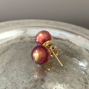 Diana Ingram earrings with burnt orange (rose pink and gold) Murano glass sphere (round) studs on 24ct gold plated posts