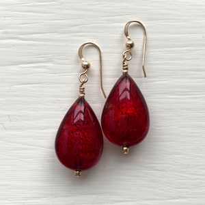 Diana Ingram earrings with red Murano glass medium pear drops on Sterling Silver or 22 Carat gold vermeil shepherds hooks